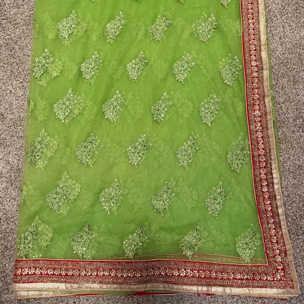 Embroidered Lime Green Dupatta / Scarf with Red-Gold Border